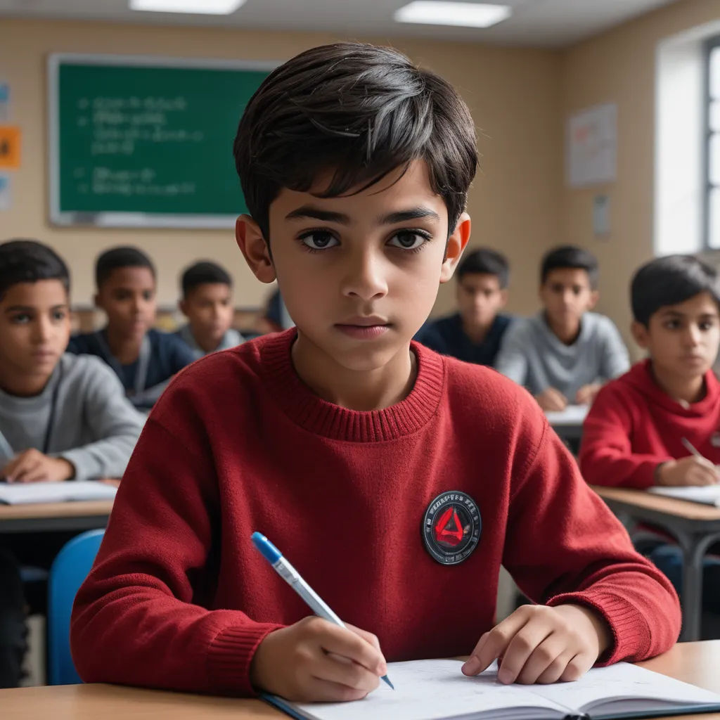 a boy in a red sweater is writing in a classroom with other boys in the background and a chalkboard, danube school, a stock photo, Abdullah Gërguri, movie still frame