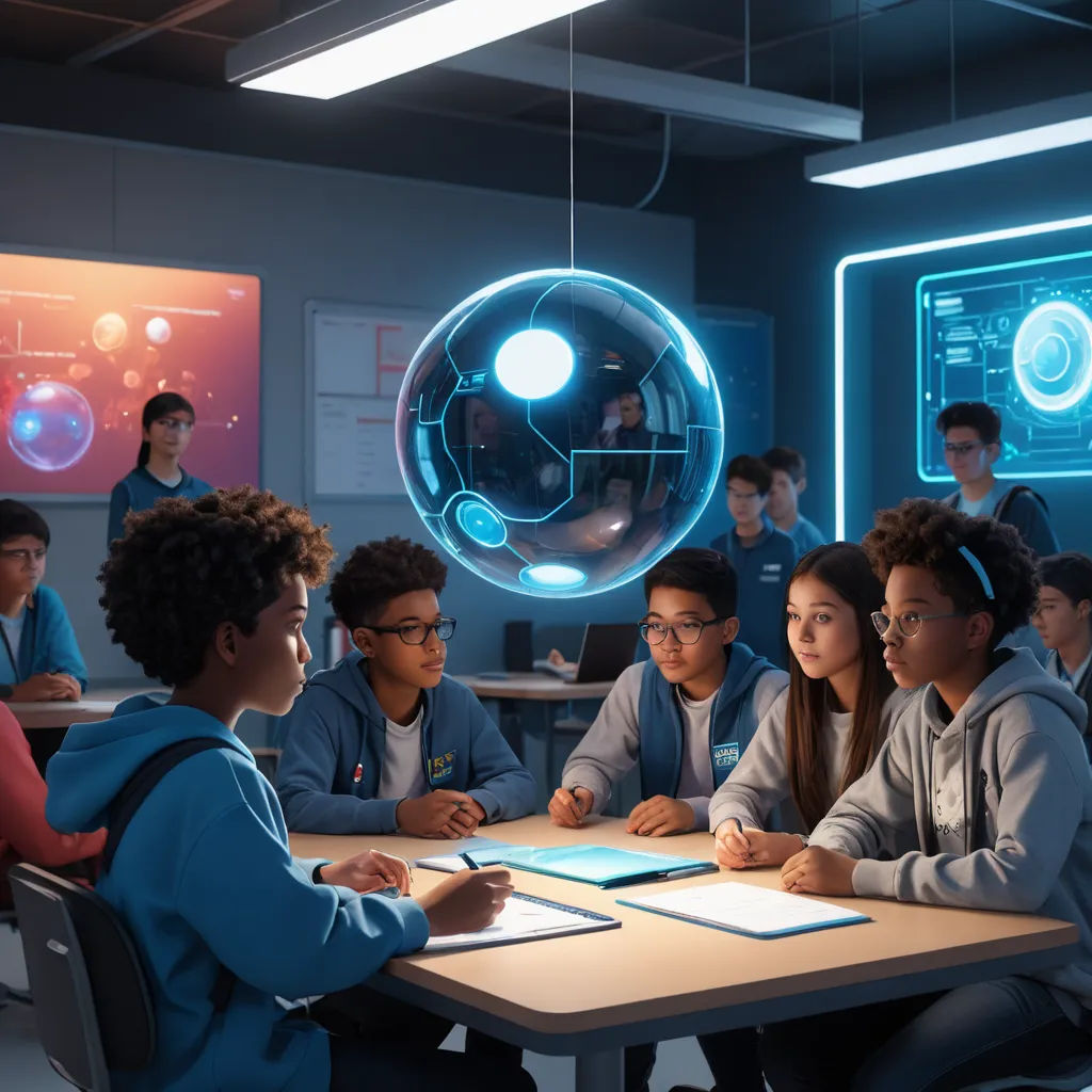 a group of people sitting around a table in a room with a robot hanging from the ceiling and a man standing in front of them, retrofuturism, a hologram, Beeple, promotional image