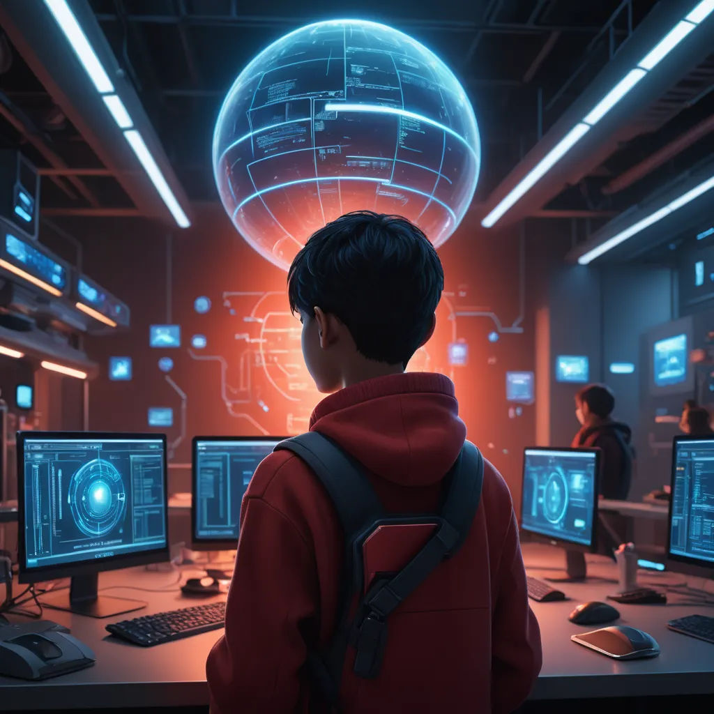 a boy in a red sweatshirt looking at a computer screen with a futuristic sphere above him and a person in a red sweatshirt looking at a computer screen, computer art, computer graphics, Beeple, rossdraws global illumination