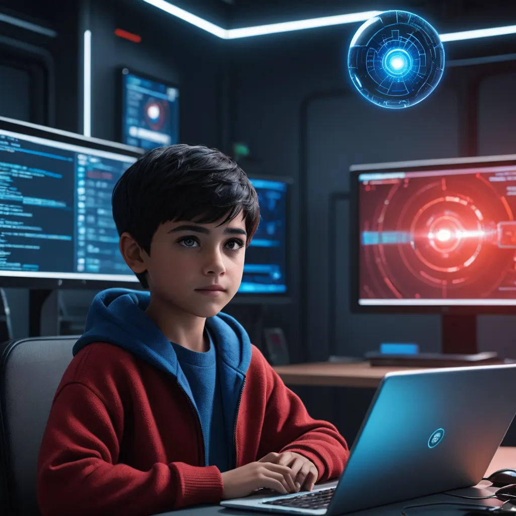 a boy sitting at a desk with a laptop in front of him and a monitor in the background with a red light, les automatistes, a computer rendering, Diego Gisbert Llorens, promotional image
