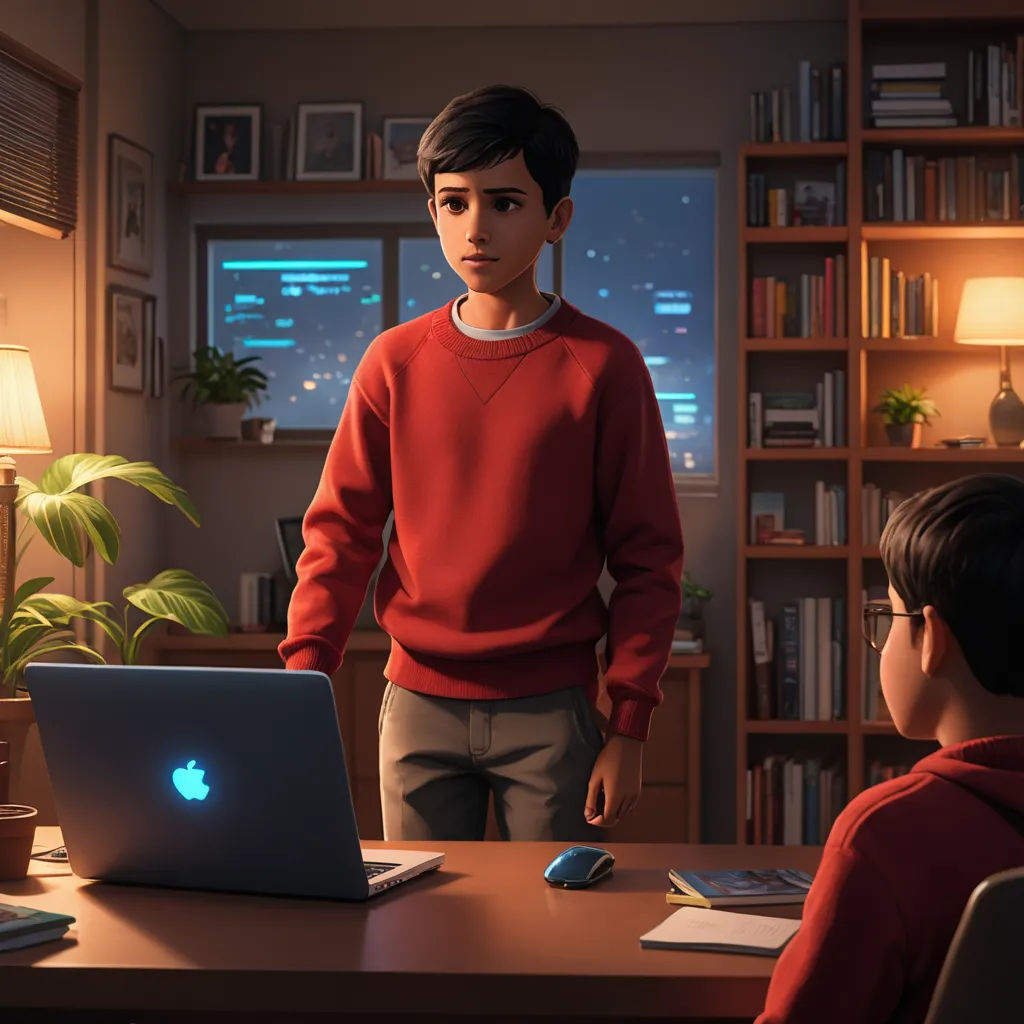 a boy and a boy are looking at a laptop computer in a room with a bookcase and a lamp, computer art, a computer rendering, Alejandro Burdisio, cgstudio