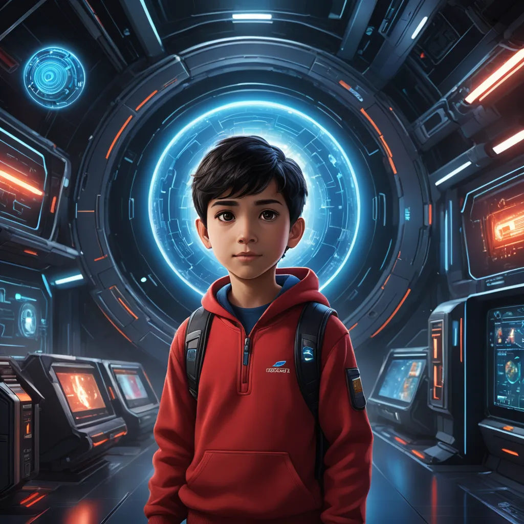 a boy in a red sweatshirt stands in a futuristic space station with a blue light coming from the ceiling, retrofuturism, computer graphics, Alejandro Burdisio, cgstudio