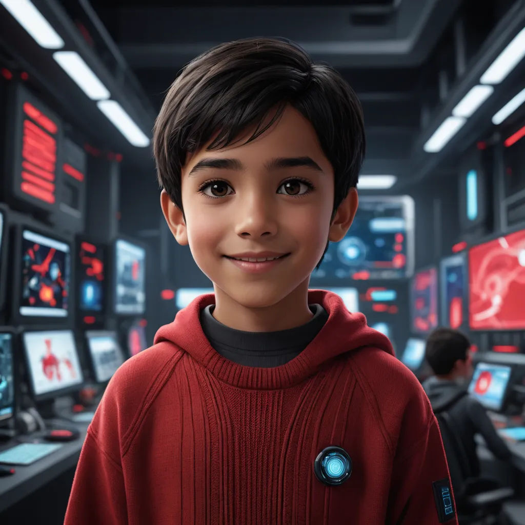 a young boy in a red sweater standing in front of a room full of computer monitors and monitors on the wall, photorealism, a character portrait, Chris LaBrooy, cgstudio