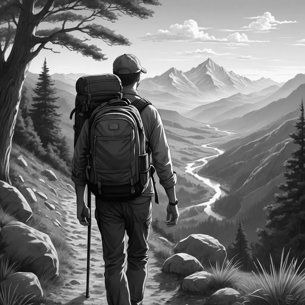 a man with a backpack is walking up a hill towards a valley with a river and mountains in the background, naturalism, a storybook illustration, Dan Mumford, storybook illustration