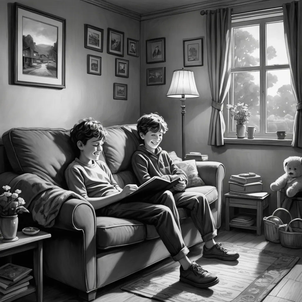 a black and white photo of two boys sitting on a couch in a living room with a teddy bear, fantastic realism, a storybook illustration, Brothers Hildebrandt, storybook illustration