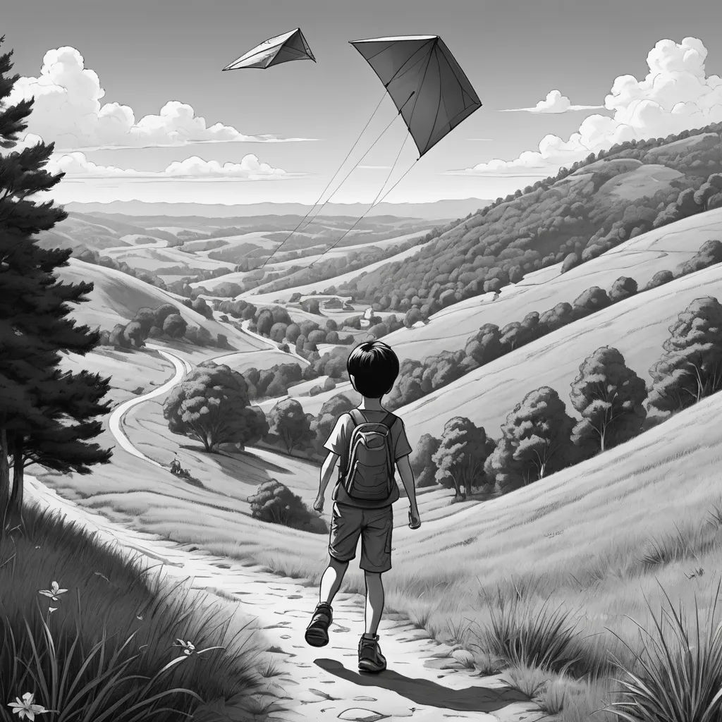 a boy is flying a kite in a black and white landscape with a path leading to a hill and a forest, magical realism, a storybook illustration, Cliff Childs, storybook illustration