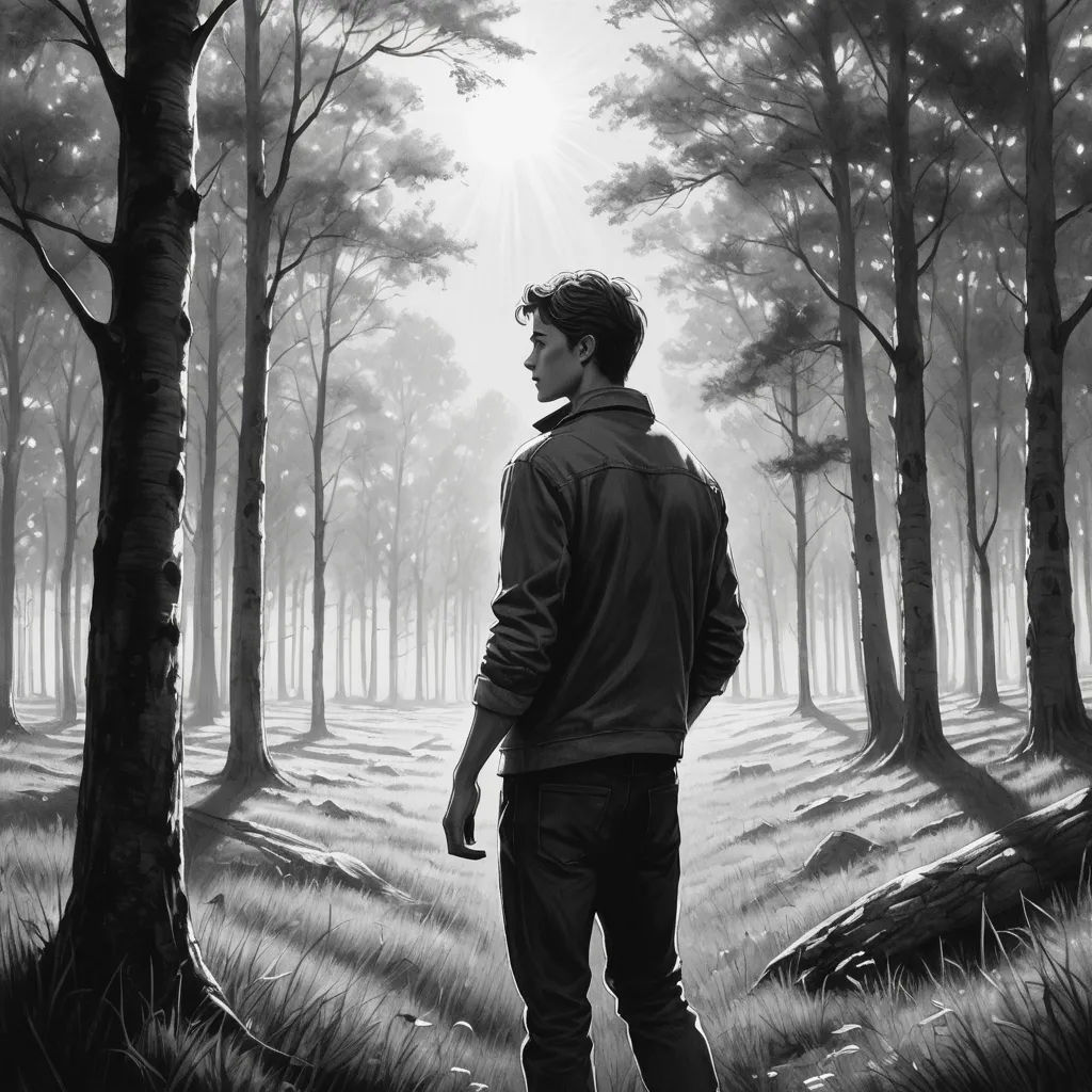a man standing in a forest looking at the sun through the trees, with a black and white photo of him, sots art, an ultrafine detailed painting, Cedric Seaut (Keos Masons), official art