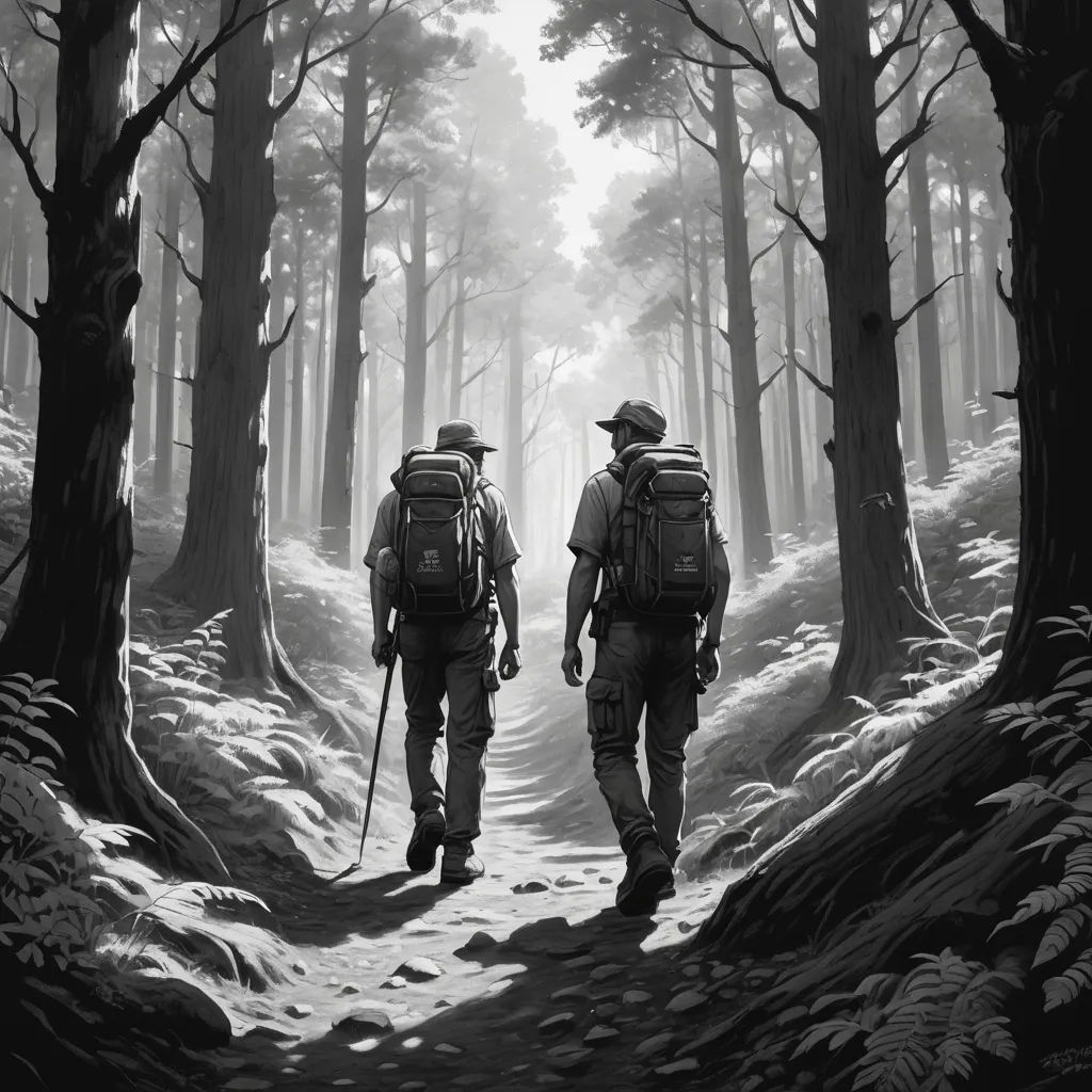 two men with backpacks walking through a forest in the foggy day, with trees and snow on the ground, neo-romanticism, a black and white photo, Dan Mumford, ambient occlusion