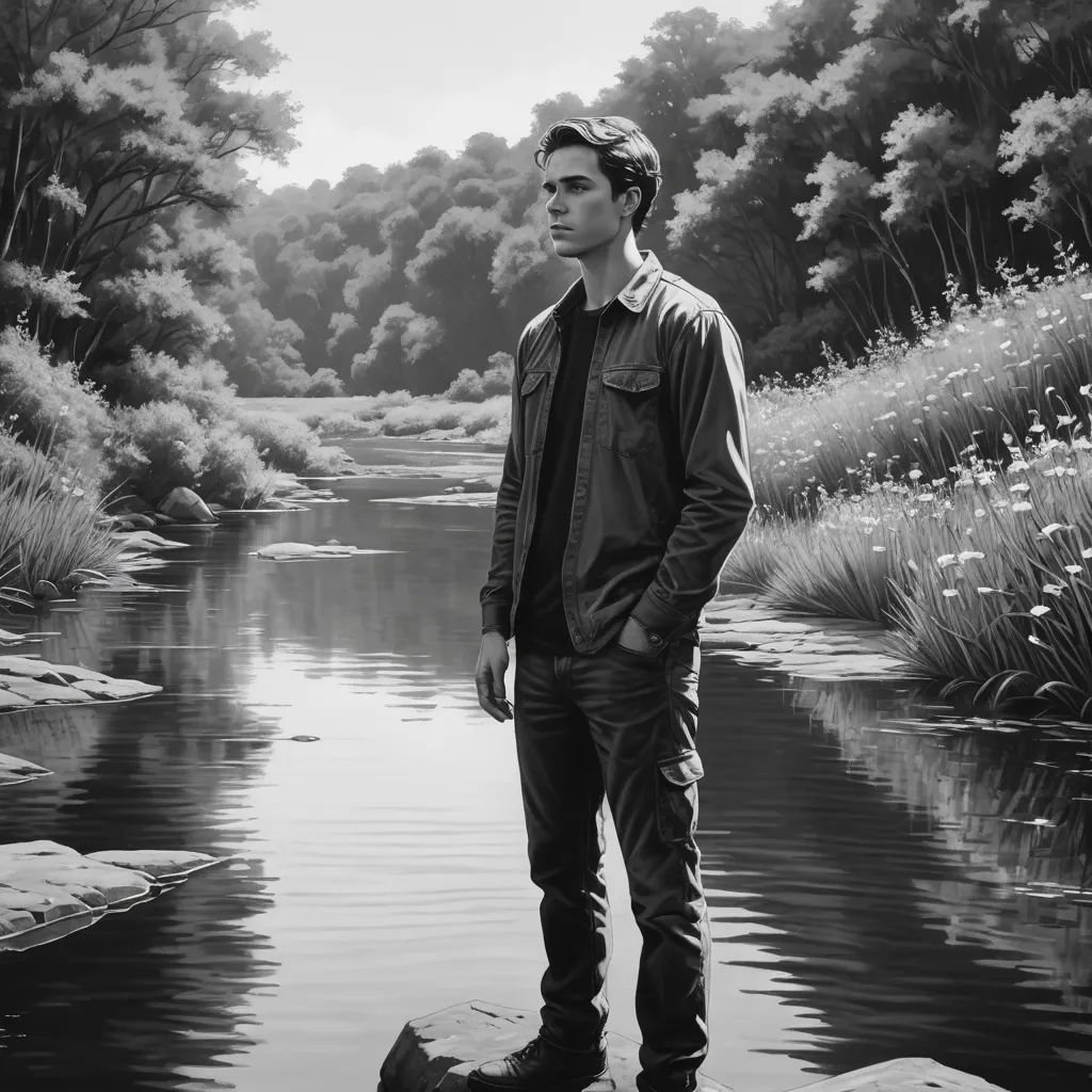 a man standing on a rock in front of a river with trees and bushes in the background and a riverbank, hyperrealism, a photorealistic painting, David Wojnarowicz, official art