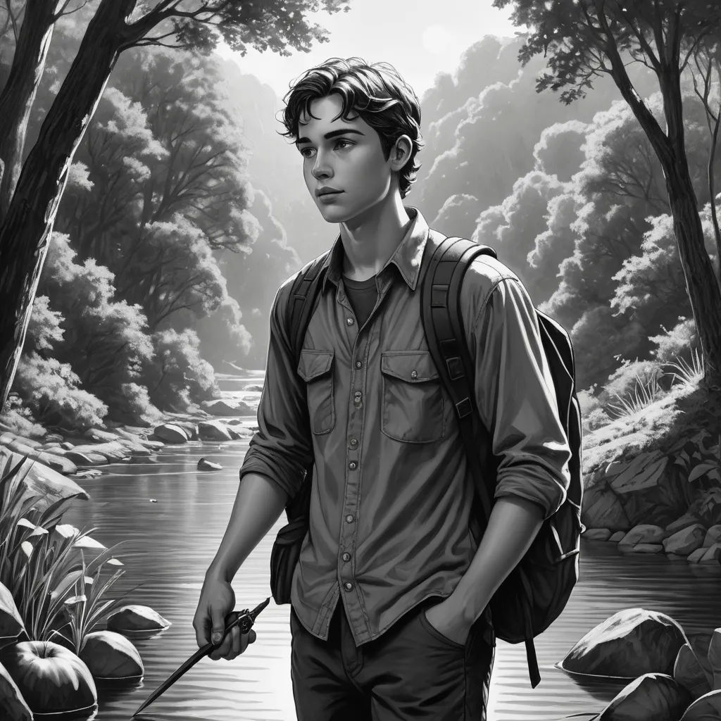 a man with a backpack and a stick in a painting of a river and trees with rocks and a forest, sots art, a black and white photo, Drew Struzan, official art