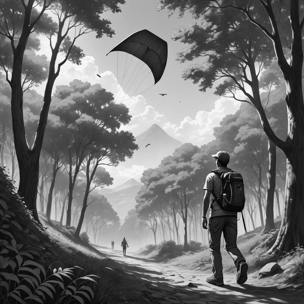 a man walking down a path with a parachute in the air above him and a man walking down a path, sots art, a storybook illustration, Atey Ghailan, 2 d game art