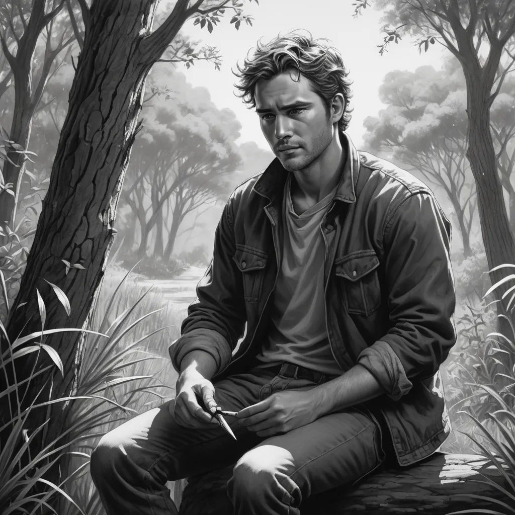 a man sitting on a log in a forest holding a cigarette in his hand and looking at the camera, figurative art, an ultrafine detailed painting, Cedric Seaut (Keos Masons), magic the gathering artwork