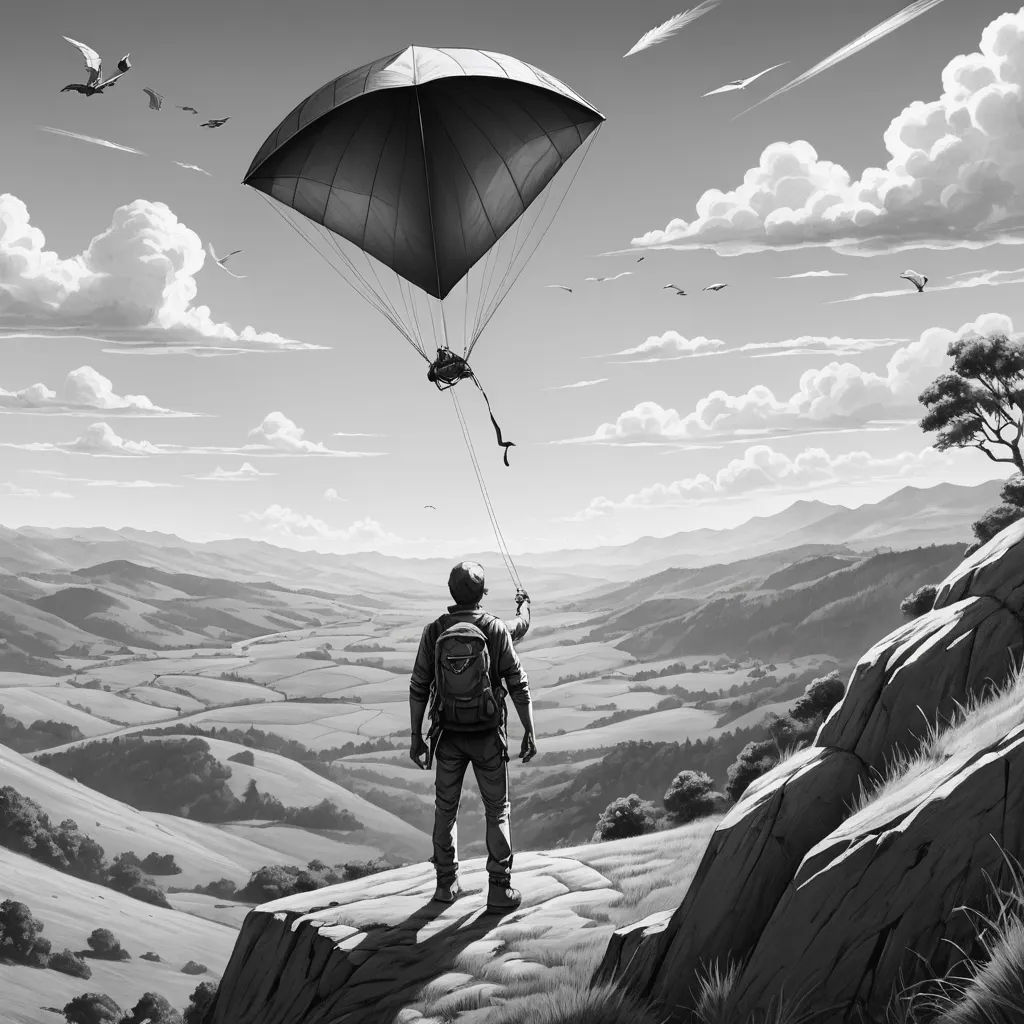a man flying a kite over a mountain top with a parachute over it's head and a bird flying over the top, fantastic realism, an ultrafine detailed painting, Dan Hillier, detailed illustration