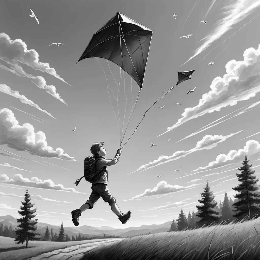 a man flying a kite in a field with trees and clouds in the background, while another man is running with a backpack, fantastic realism, a storybook illustration, Atey Ghailan, storybook illustration