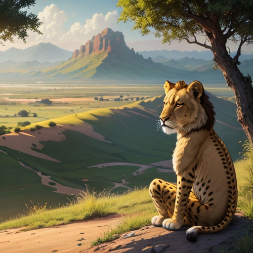 a painting of a cheetah sitting on a hill looking out at the valley below it is a mountain range