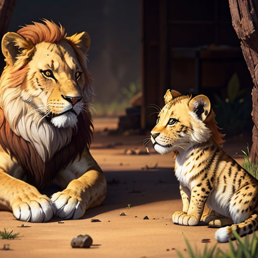 a lion and a cub sitting in the dirt together in a forest setting with a tree and a building in the background