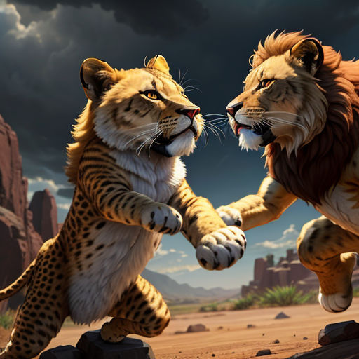 two lions are fighting in the desert with each other, with a dark sky in the background and a dark cloud in the sky