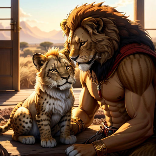 a lion and a lioness sitting on a wooden platform in front of a building with mountains in the background