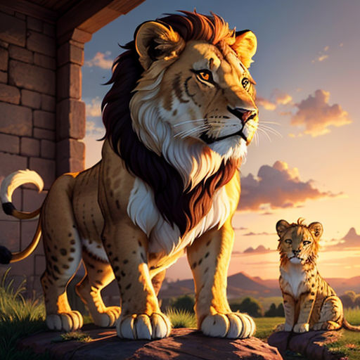 a lion and a cub are standing on a rock in front of a building at sunset with a sky background