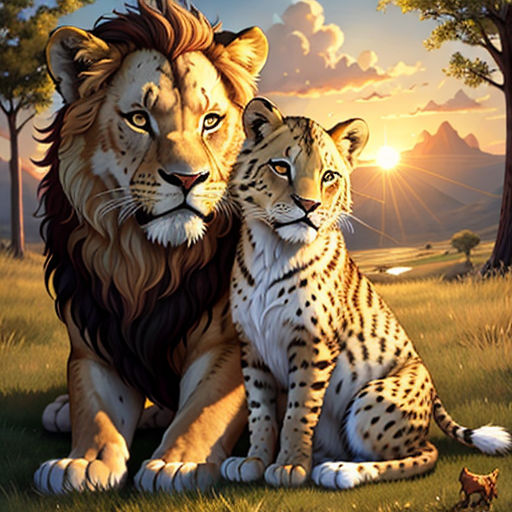 a painting of two lions sitting next to each other on a field of grass with trees in the background