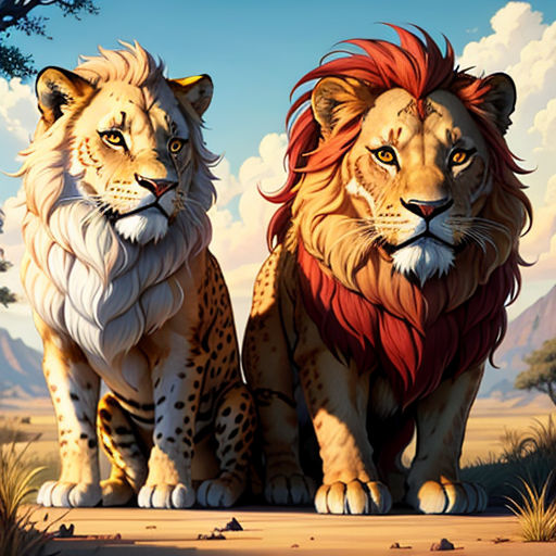 two lions sitting next to each other on a field of grass and trees with mountains in the background and clouds in the sky