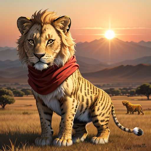 a lion with a scarf around its neck sitting in a field with other animals in the background at sunset