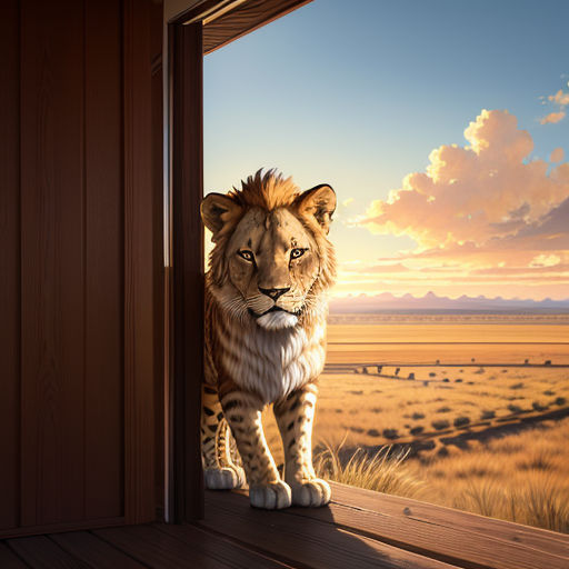 a lion standing on a porch looking out at the sunset with a view of a field and a valley
