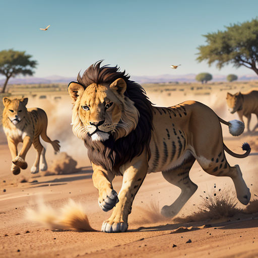 a group of lions running across a dirt field next to trees and bushes in the background are birds flying in the sky