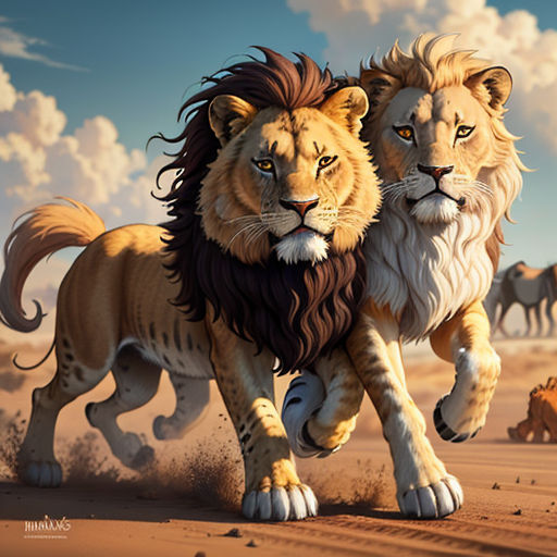 a couple of lions running across a desert field with other animals in the background and clouds in the sky