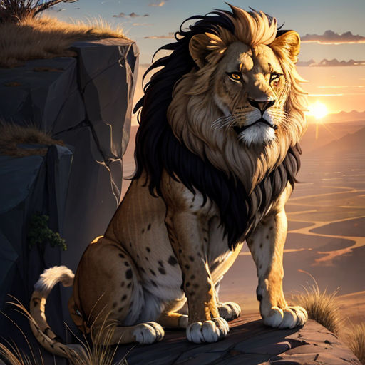 a lion sitting on a rock in the wilderness at sunset with a mountain in the background and a valley in the foreground