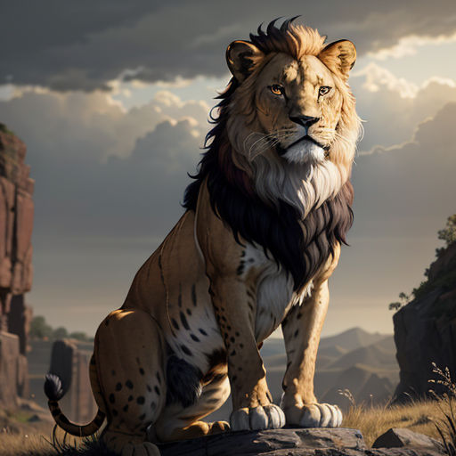 a lion sitting on a rock in a field with a cloudy sky in the background and a rock formation in the foreground