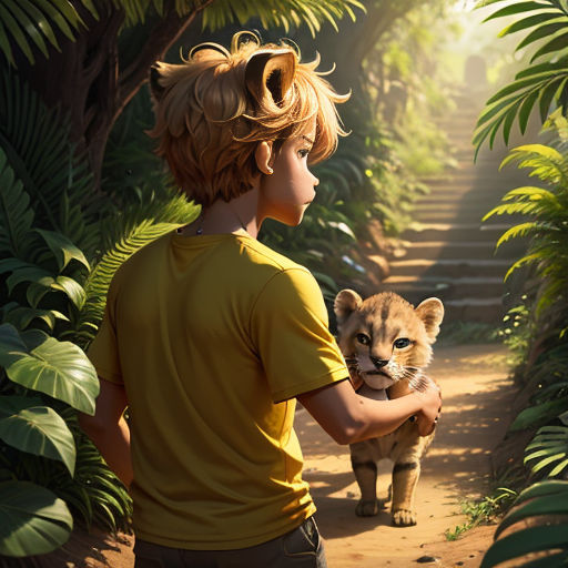 a boy holding a small lion cub in a jungle setting with a path leading to a forest with trees