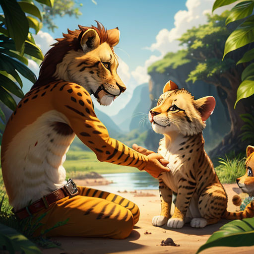 a couple of animals that are sitting in the dirt together in the grass and trees, with a river in the background