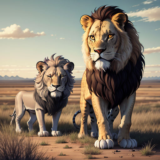 a lion and a lioness standing in a field of grass and dirt with a sky background and clouds