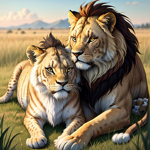 a painting of two lions laying on the grass together, with mountains in the background, and a blue sky
