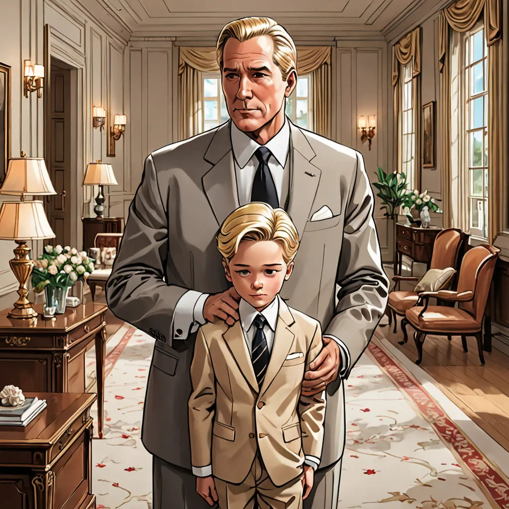 a man in a suit and tie standing next to a little boy in a suit and tie in a room, Barron Storey, american realism, a comic book panel, graphic novel