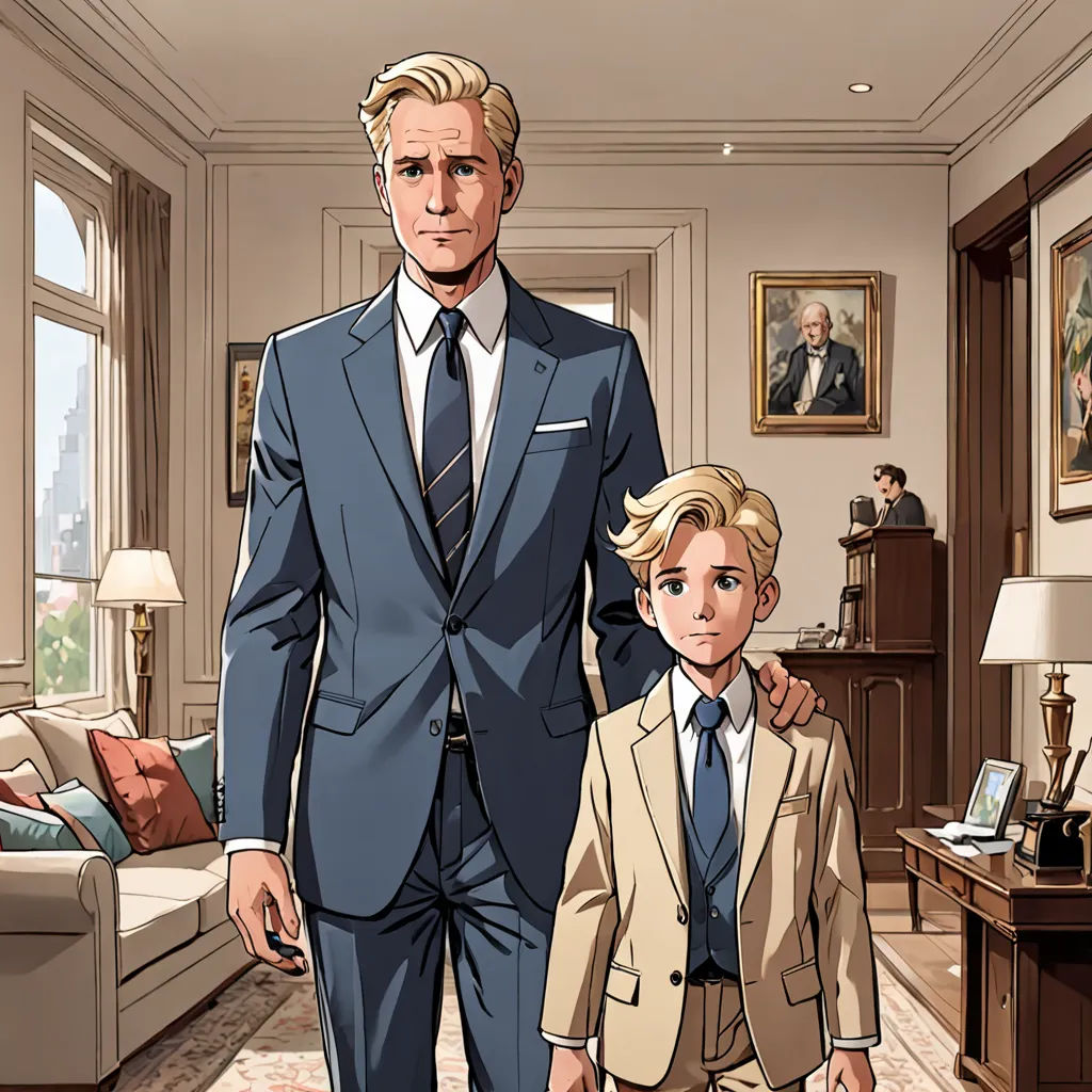 a man and a boy in a suit and tie standing in a living room with a couch and a table, Barron Storey, american realism, a comic book panel, official art