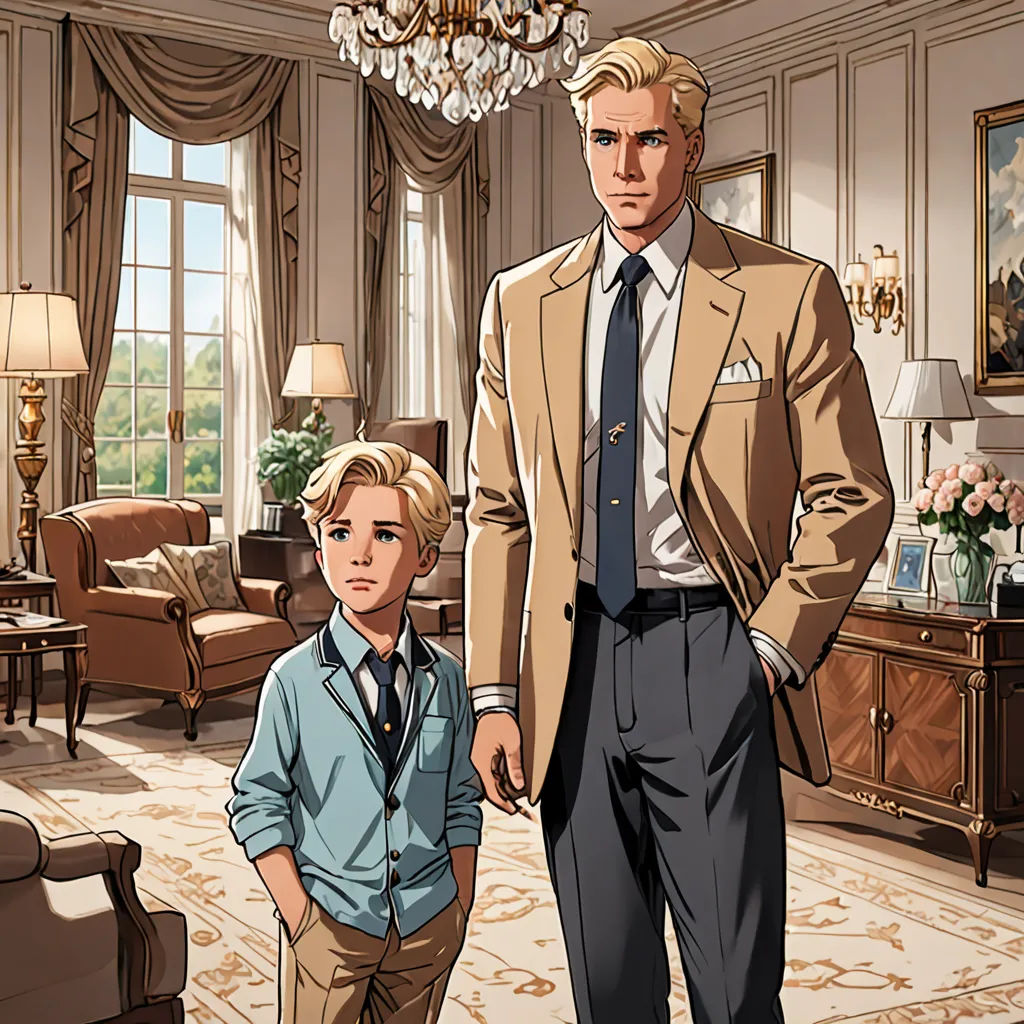 a man and a boy standing in a living room with a chandelier and a chandelier, Brothers Hildebrandt, sots art, concept art, official art