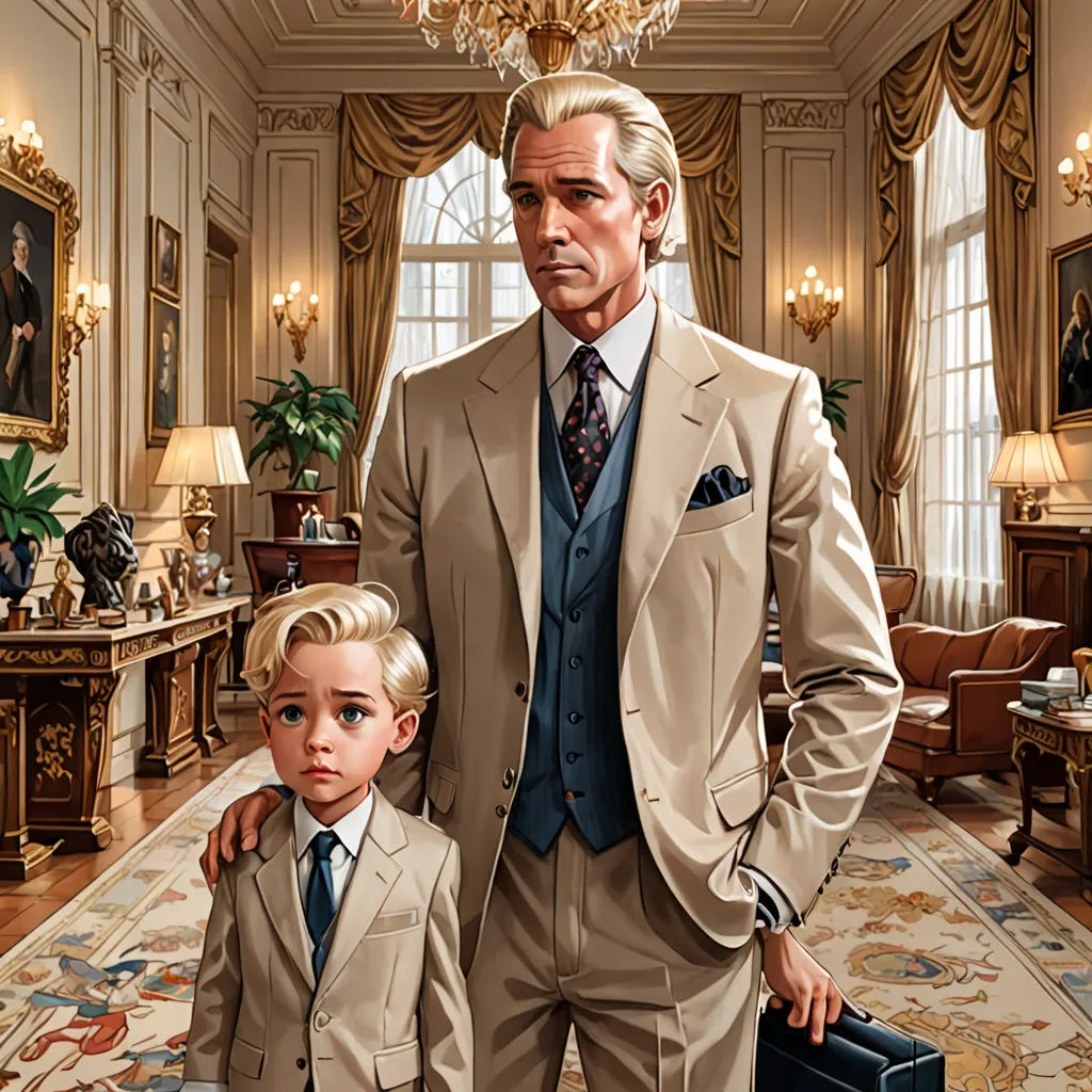 a man and a boy in suits standing in a room with a chandelier and a chandelier, F. Scott Hess, american realism, an ultrafine detailed painting, highly detailed digital painting