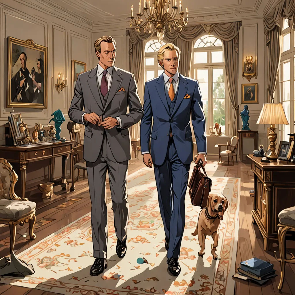 two men in suits walking down a hallway with a dog in front of them and a chandelier in the background, Brothers Hildebrandt, sots art, a digital rendering, official art