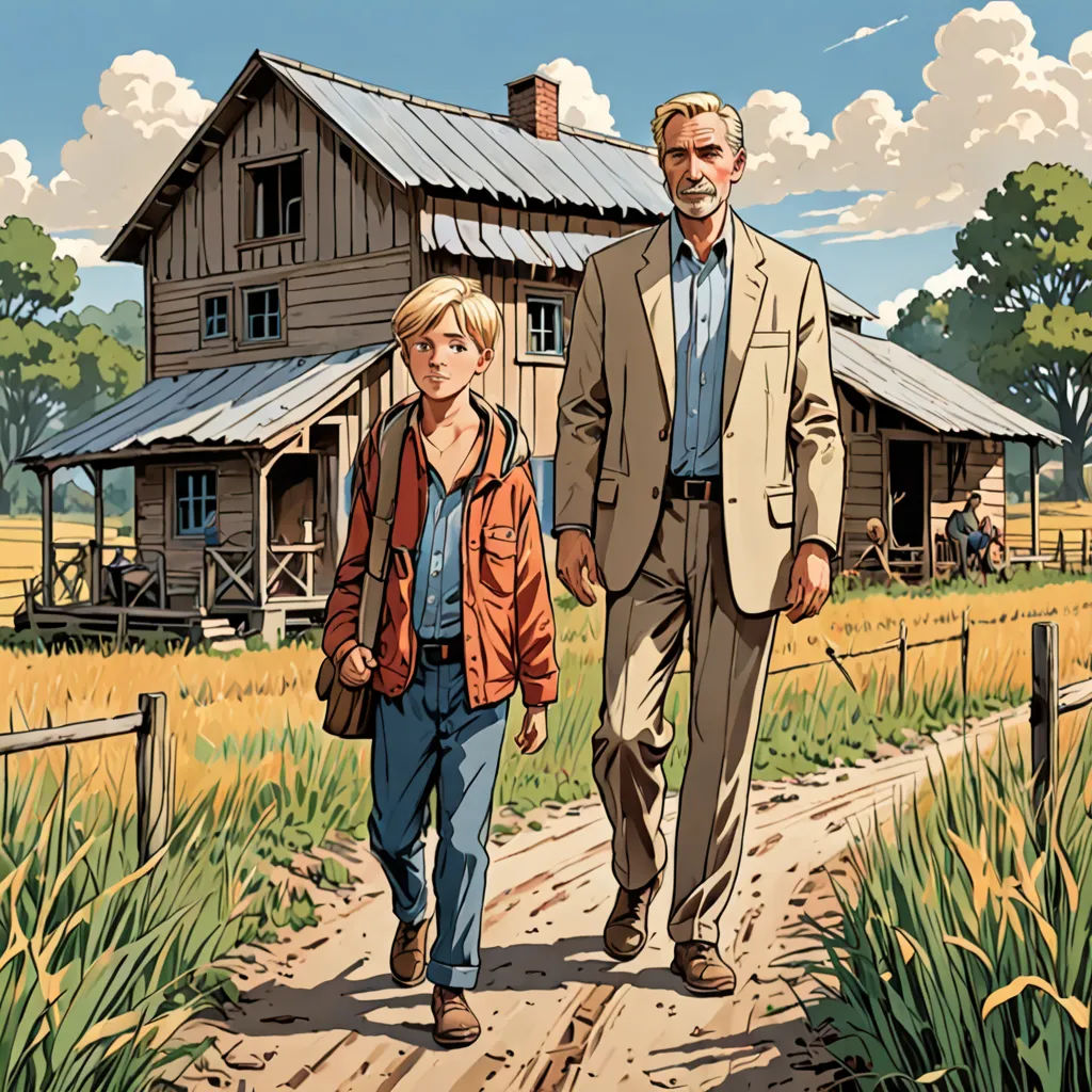 a man and a woman walking down a dirt road past a house on a farm with a barn in the background, Drew Struzan, american realism, poster art, official art