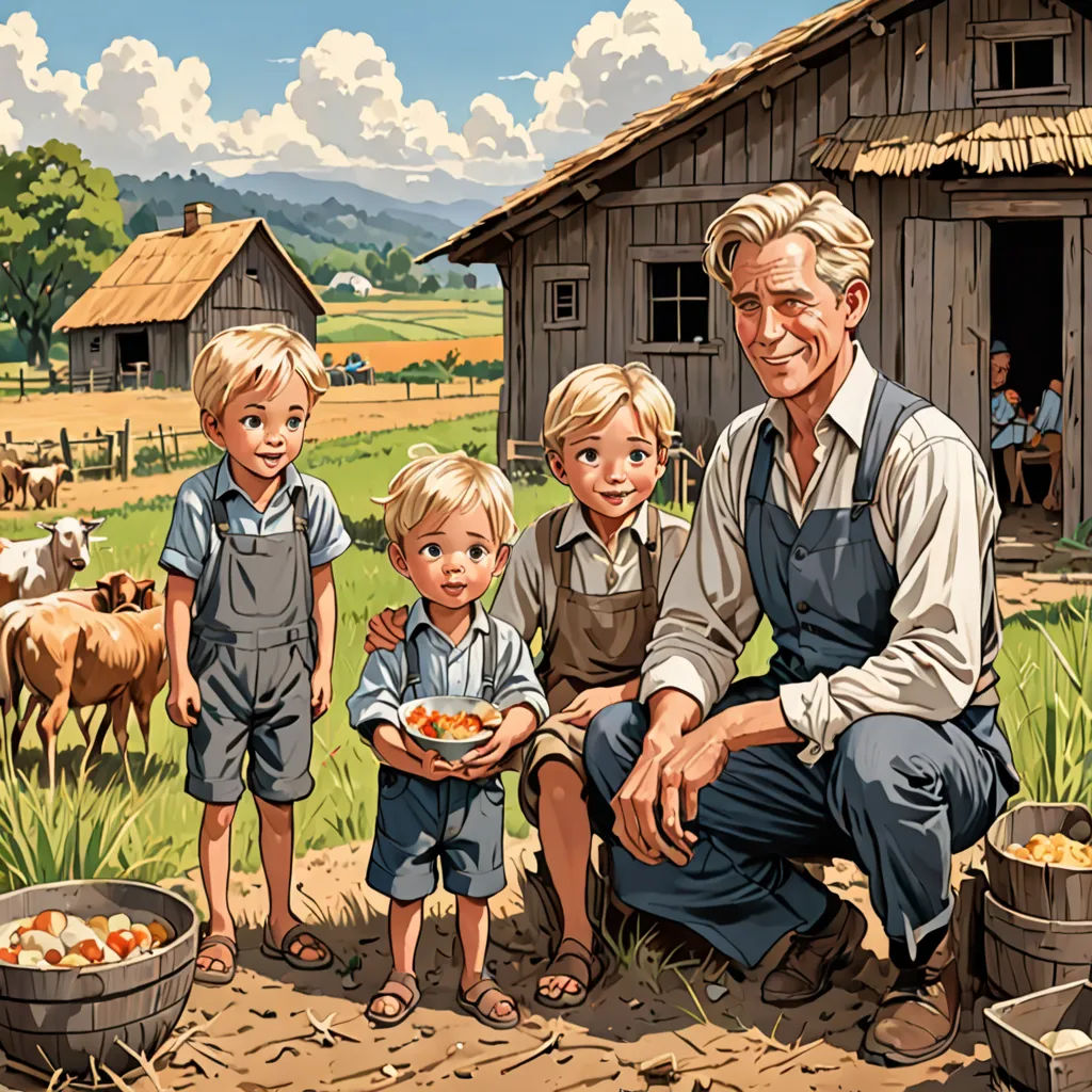a painting of a man and two children with a boy and a boy holding a plate of food in front of a barn, Brothers Hildebrandt, socialist realism, a storybook illustration, official art