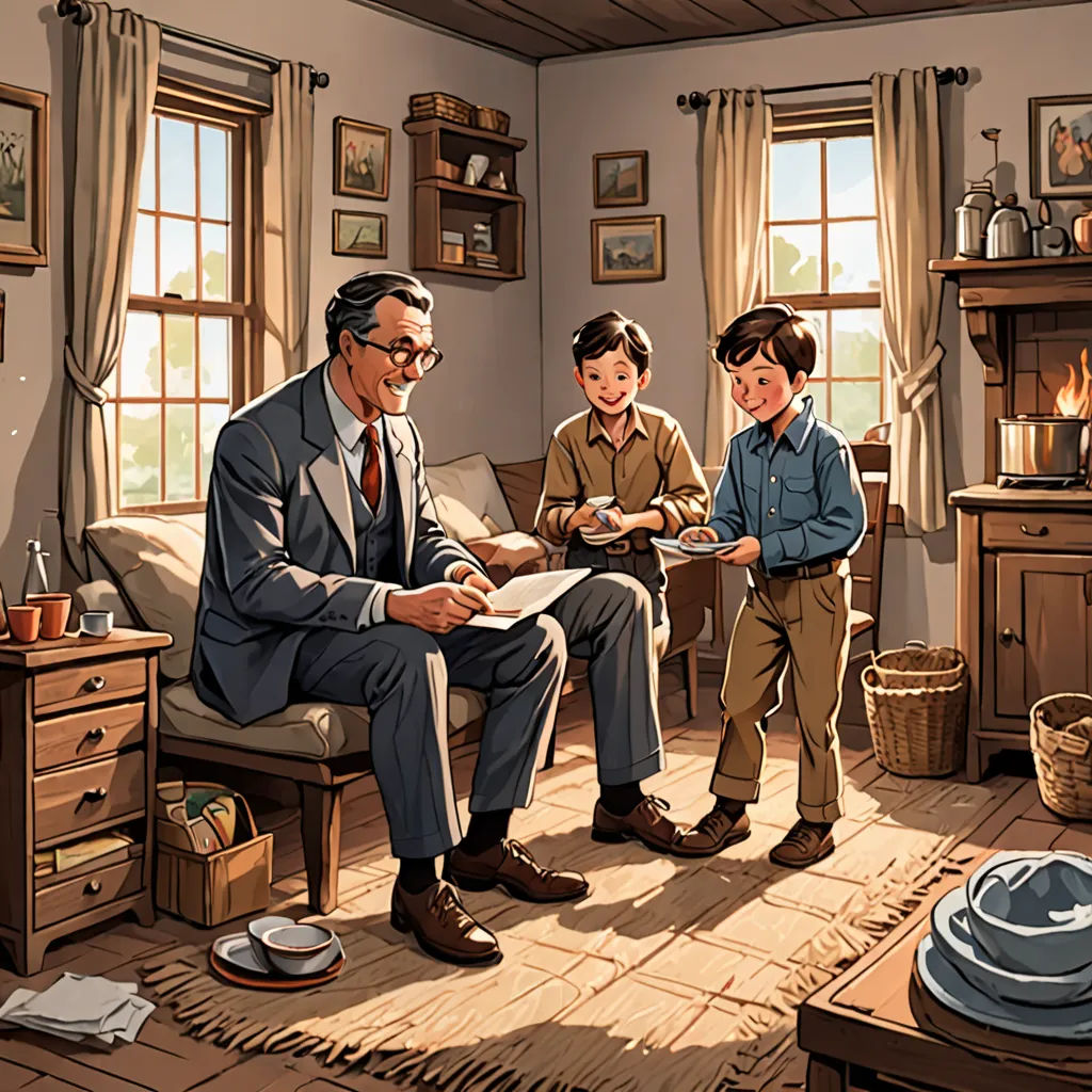 a man and two boys are sitting in a living room together, looking at a book and a paper, Brothers Hildebrandt, american scene painting, a storybook illustration, official art