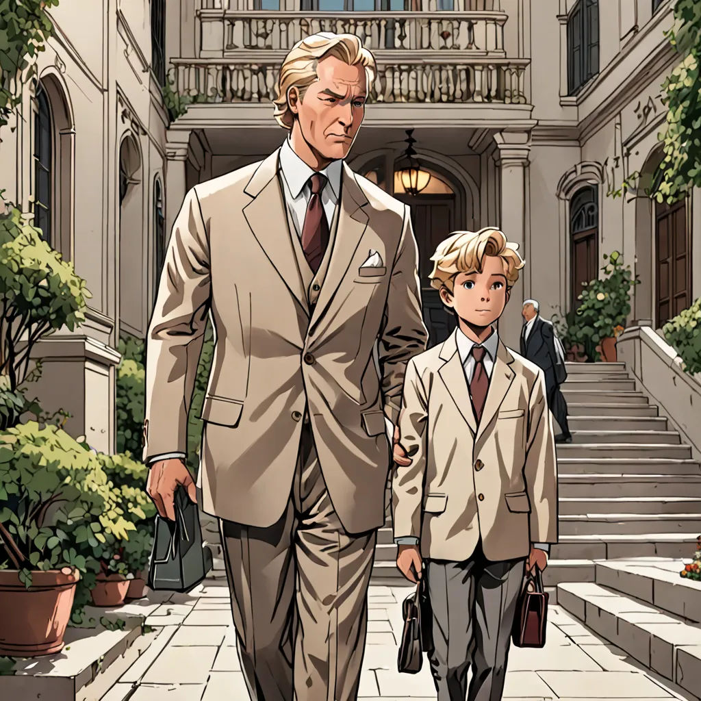 a man and a boy walking down a sidewalk in suits and ties, with a building in the background, Brothers Hildebrandt, paris school, a comic book panel, official art