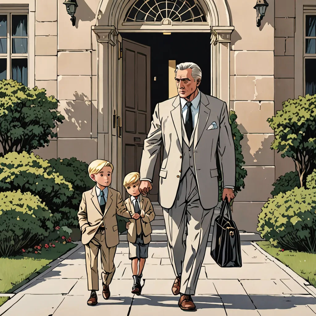 a man and two boys walking down a sidewalk in front of a building with a door and a window, Barron Storey, american realism, a comic book panel, official art
