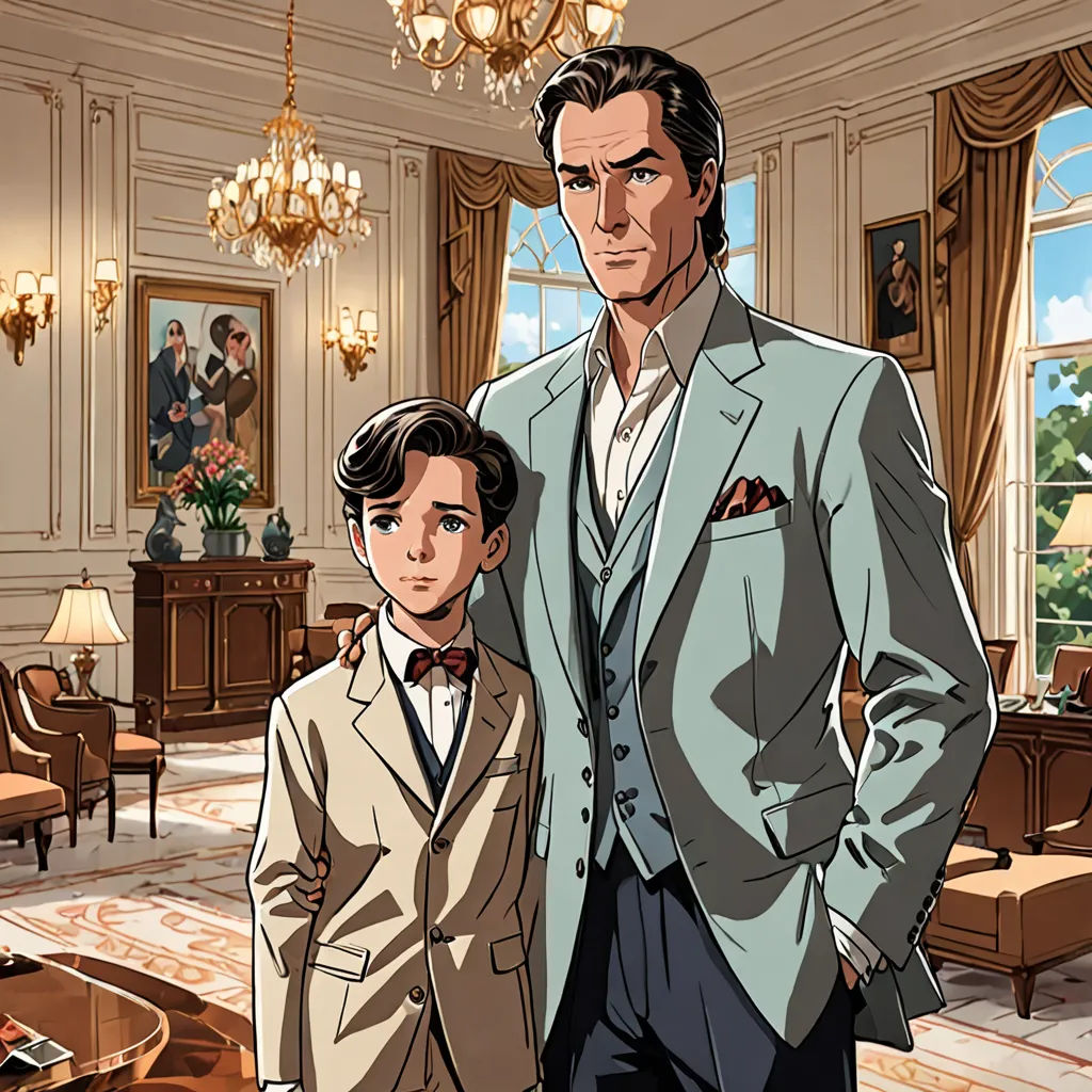 a man and a boy in a suit standing in a room with a chandelier and a chandelier, Barron Storey, private press, a comic book panel, official art
