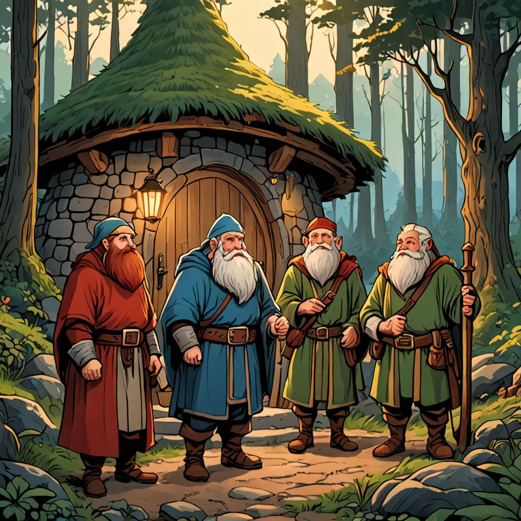 a group of gnomes standing in front of a small house in the woods with a light on it, fantasy art, a storybook illustration, Brothers Hildebrandt, storybook illustration