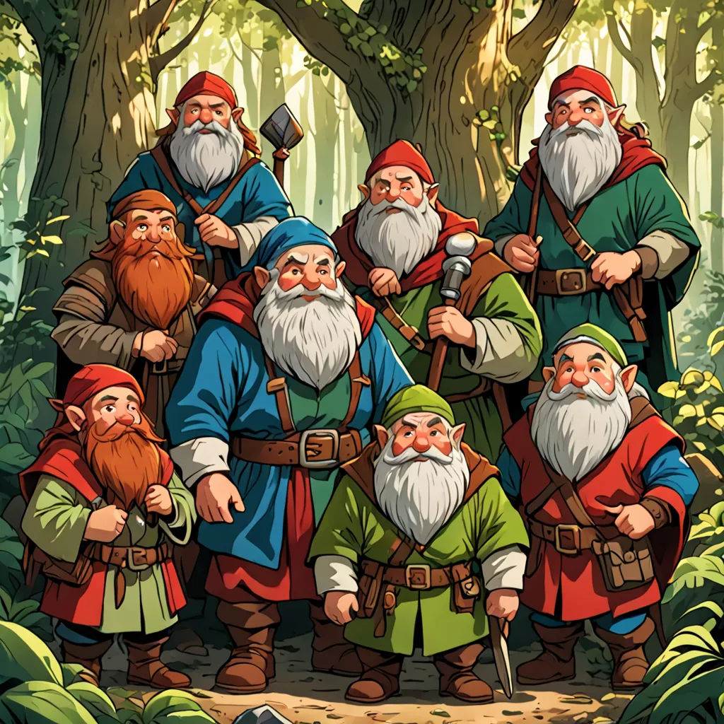 a group of gnomes standing in the woods together with a forest background and trees in the background, with a path leading to them, fantasy art, a storybook illustration, Brothers Hildebrandt, elden ring