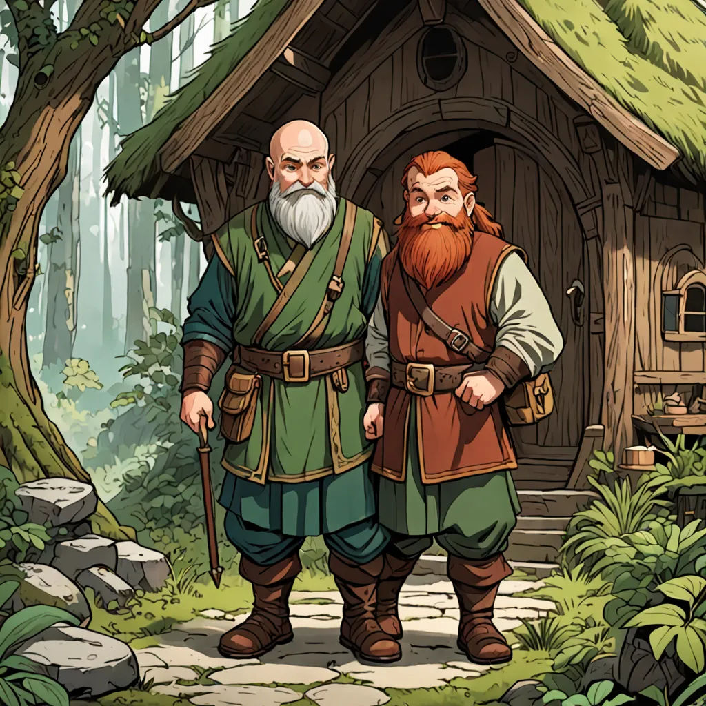 a couple of men standing next to each other in front of a house in the woods with a green roof, fantasy art, a storybook illustration, Brothers Hildebrandt, game art