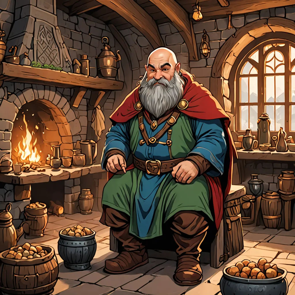 a man sitting in a room with a fireplace and a pot of potatoes in front of him and a fire in the fireplace, fantasy art, computer graphics, Andreas Rocha, game art